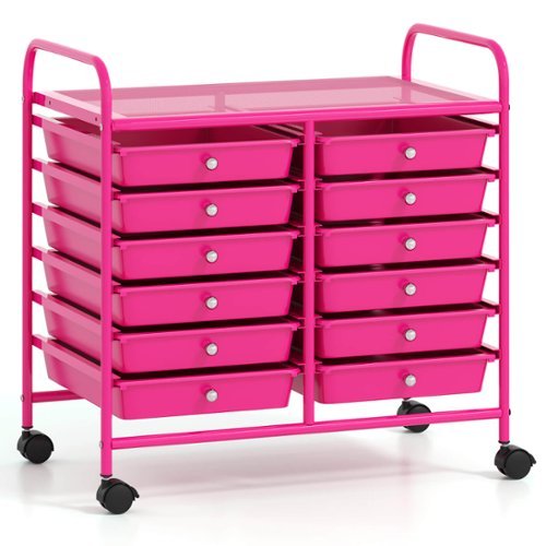 Costway - 12 Drawers Rolling Cart Storage Scrapbook Paper Studio Organizer Bins - Hot Pink-Front_Standard 