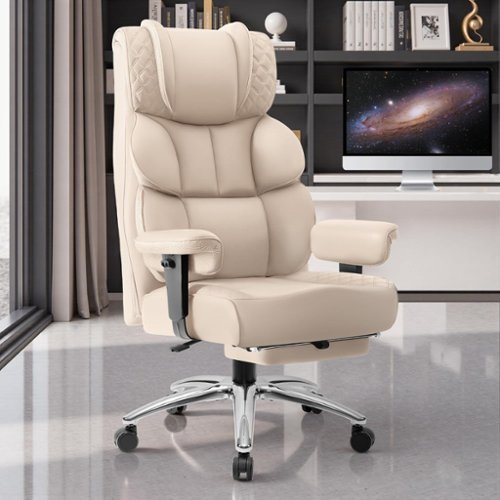 KERDOM - Large PU Leather Office Desk Chair Gaming Chair with Footrest, Wide Seat Ergonomic Comfy Executive High Back Reclining - White-Front_Standard 