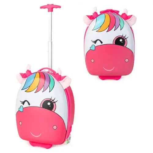 Front. Costway - Kids Rolling Luggage 16" Hard Shell Carry On Travel Suitcase with Flashing Wheels - Pink/White.