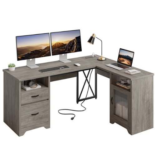 Bestier - 63-inch L Shaped Desk with Monitor Stand & Drawers, LED Computer Desk with Charging Station & Cabinet - Gray-Front_Standard 