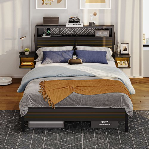 Bestier - Queen Gaming Bed Frame Golden Stripe Headboard LED Nightstands with Charging Station - Black-Front_Standard 