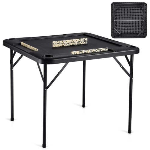 VEVOR - Mahjong Table,Square 4 Player Folding Card Table with 4 Cup Holders & 4 Chip Trays,with 1 Set of Dominoes,35.4x35.4-inch - Black-Front_Standard 