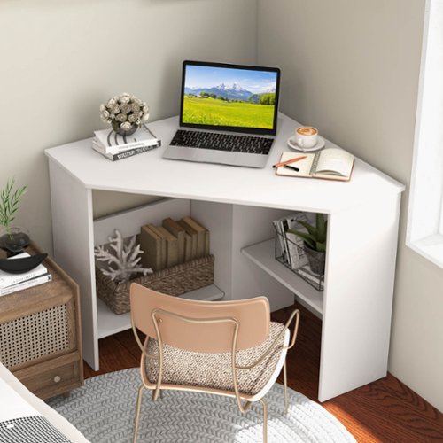 Costway Triangle Corner Computer Desk with Storage Shelf White
