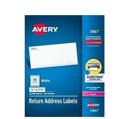 Avery - Easy Peel Laser Return Address Labels, 1/2" x 1-3/4", White, 20,000 Labels/Box (5967) - Matte White