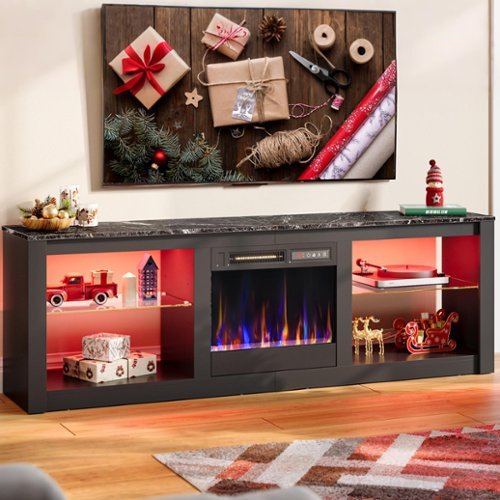 Bestier - 63-inch Fireplace Gaming TV Stand with RGB Lights, Adjustable Glass Shelves & Single-Pack Design - Black Marble-Front_Standard 