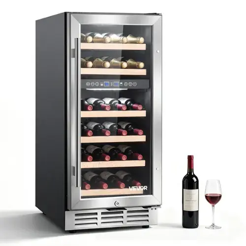 Front. VEVOR - 15 inch Wine Fridge 28-Bottle Wine Cooler Refrigerator for Home Bar, Dual Zone, Built-in or Freestanding Compressor Wine - Black;Silver.