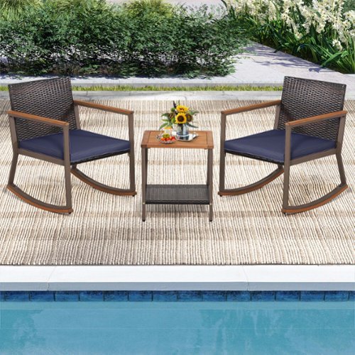 Costway 3 PCS Patio Rattan Rocking Chair Bistro Set Armrest Cushion Table with Storage Shelf - Navy