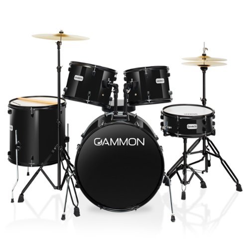Gammon Percussion - 5pc Adult Drum Set - Full Size Beginner Percussion Kit with Stool - Black-Front_Standard 