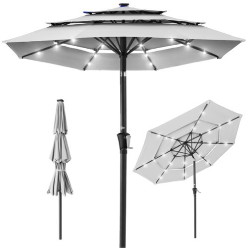 Best Choice Products - 10ft 3-Tier Solar Patio Umbrella w/ 24 LED Lights, Tilt Adjustment, Easy Crank - Fog Gray-Front_Standard 