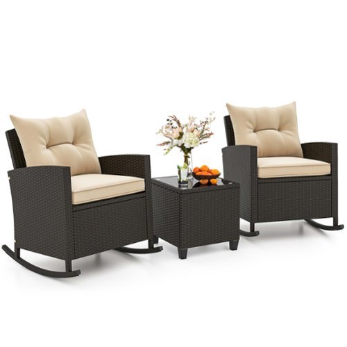 Costway 3 PCS Patio Wicker Rocking Set with Tempered Glass