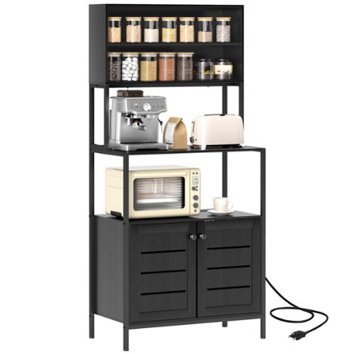 Homcom - Kitchen Bakers Rack with Power Outlet, Coffee Cabinet with Storage Shelves, Microwave Stand with Louvred Door Cabinets-Front_Standard 