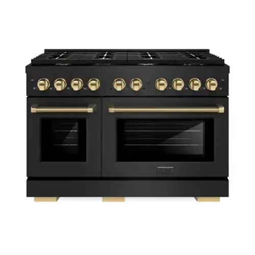 Front. ZLINE - 48 in. Wide 8 Burner Autograph 6.7 cu. ft. Freestanding Paramount Dual Fuel Range with Gold Helix Handles - Black Stainless Steel.