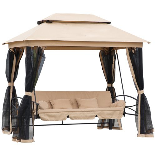 Outsunny - 3-Seat Patio Swing Chair, Outdoor Gazebo Swing with Double Tier Canopy, Mesh Sidewalls - Beige-Front_Standard 