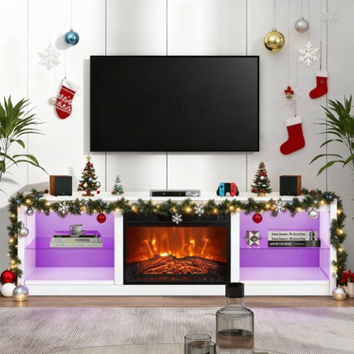 Ihomeadore - 66" TV Stand with 23"Insert Electric Fireplace and Open Storage Shelves Media Console for TVs up to 75" - White-Front_Standard 