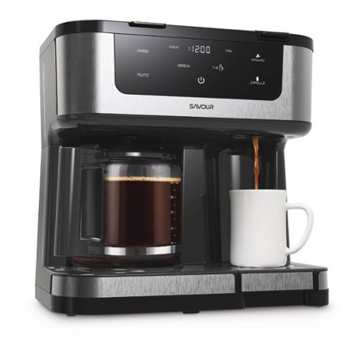 Tzumi - Savour Dual Coffee Maker, Programmable 12-Cup Coffee Pot & Single Serve Coffee Machine - Black/Silver-Front_Standard 