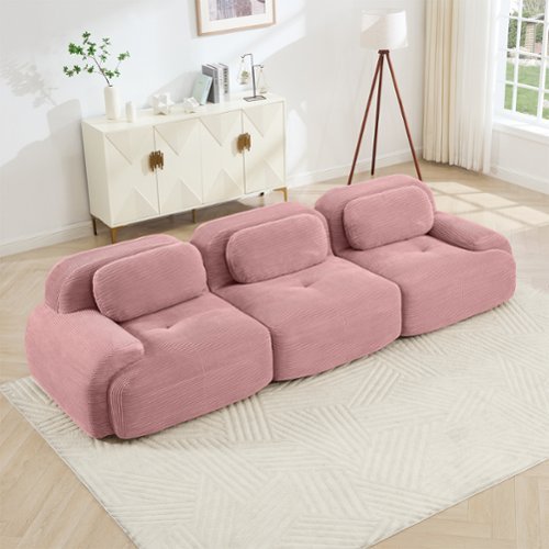 Aukfa - 3 seats Modular Corduroy Sectional Sofa with Ergonomic Support - Pet Friendly, Easy Assembly, Non-Slip Base Design - Pink-Front_Standard 