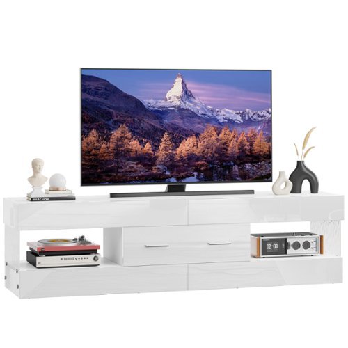 Bestier - 60 Inch LED TV Stand for TVs up to 65 Inch Glossy Media Console with Storage Drawer & LED Remote Control - White-Front_Standard 