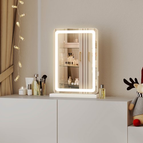 Anysun - 13" x 17" LED Vanity Mirror with Lights - Dimmable 3-Color Modes, Touch Control, Square White Desk Mirror-Front_Standard 