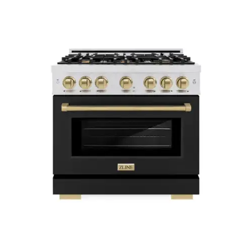 Front. ZLINE - ZLINE Autograph 36 in. Freestanding Select Satin Steel Gas Range w/ Black Door & Bronze Accents - Satin Stainless Steel.