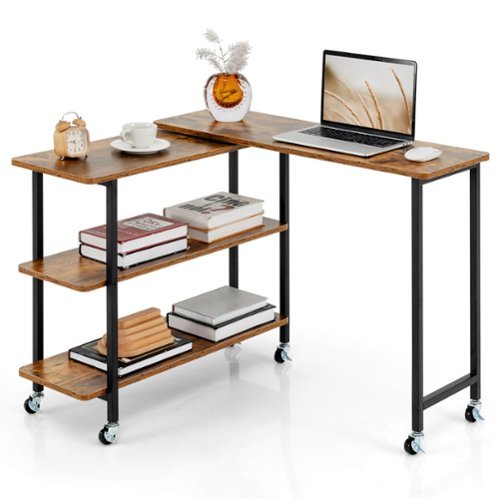 Costway 360° Rotatable Sofa Side Table L-shaped Laptop Desk Snack Table withShelf Patented - Brown