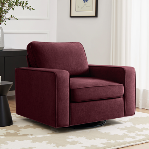 KERDOM - Swivel Single Sofa Chair, Living Room Armchair, Rotating Base Accent Sofa Upholstered Side Chair, Washable Pillow Cover - Merlot-Front_Standard 