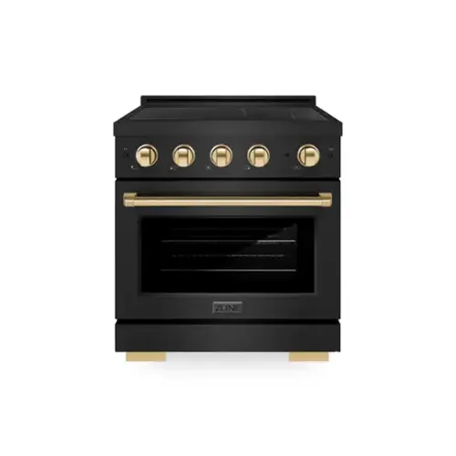 Front. ZLINE - Autograph 30 in. 4.2 cu. ft. Paramount Freestanding Induction Range with 4 Burners in Black Steel with Gold Accents - Black Stainless Steel.
