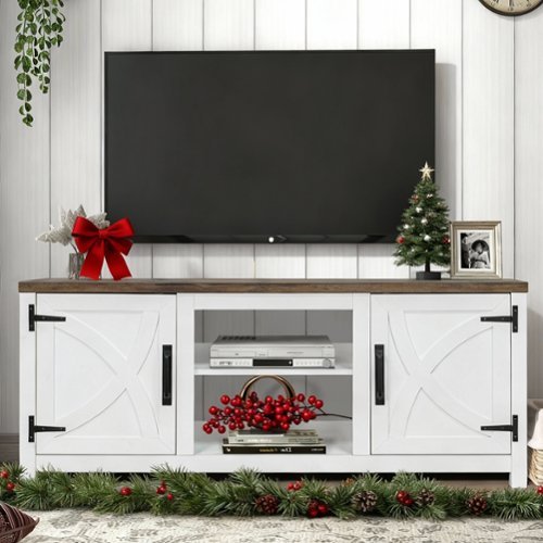 Ihomeadore - 58" Farmhouse TV Stand with Open Storage Shelves and Cabinets for TV up to 65" - White-Front_Standard 