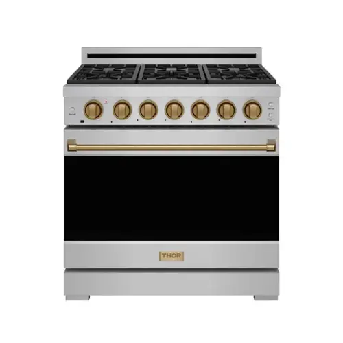 Front. Thor Kitchen - Gordon Ramsay Series by Thor Kitchen 6.0 Cu. Ft Freestanding Gas Range with Bronze Hardware - Stainless Steel.
