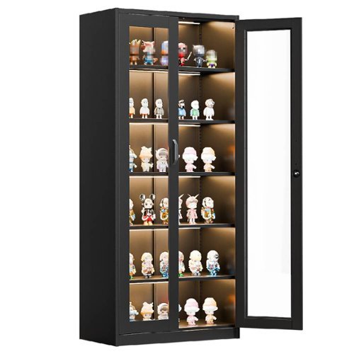 Winado - Heavy Duty 71" Tall Lockable Display Cabinet with Glass Doors & 5 Adjustable Shelves & Secure Locking System for Office - Black-Front_Standard 