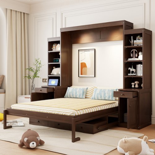 Anysun - Queen Size Murphy Bed with Desk & Storage, Space-Saving Wood Wall Bed with Cabinets & Drawers - Brown-Front_Standard 