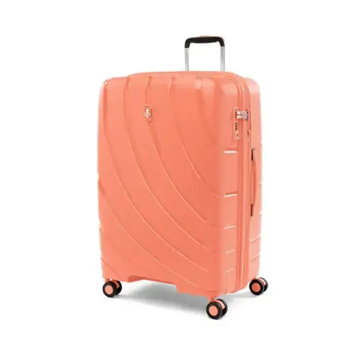 Front. Atlantic - Atlantic Convertible Medium to Large Checked Expandable Hardside Spinner - Coral Orange.
