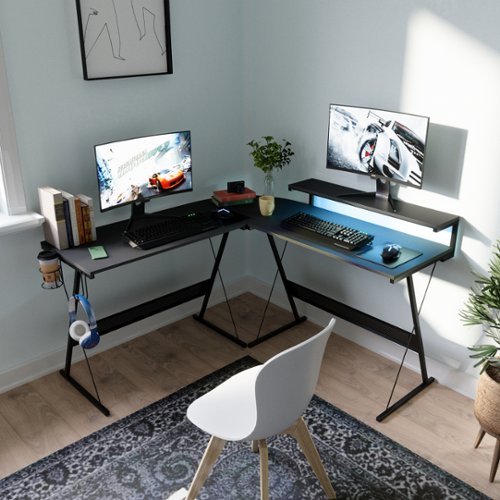 Bestier L-Shaped Reversible Gaming Desk with Large Monitor Shelf, Cup Holder, and Headset Hook - 55" wide - Black
