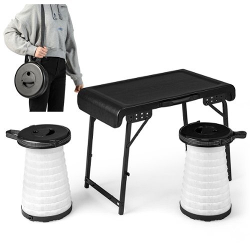 Costway - 3-Piece Folding Table Stool Set with a Camping Table & 2 Retractable LED Stools - Black+White-Front_Standard 