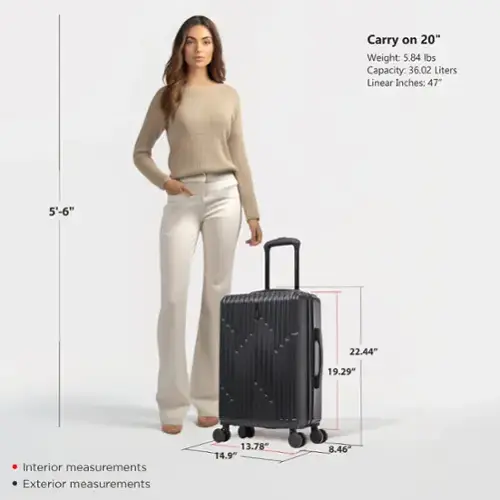 Carry on 20"  
Weight: 5.84 lbs  
Capacity: 36.02 Liters  
Linear Inches: 47"  

Interior measurements:  
13.78" x 14.9" x 8.46"  

Exterior measurements:  
22.44" x 19.29" x 8.46"  

5'-6"