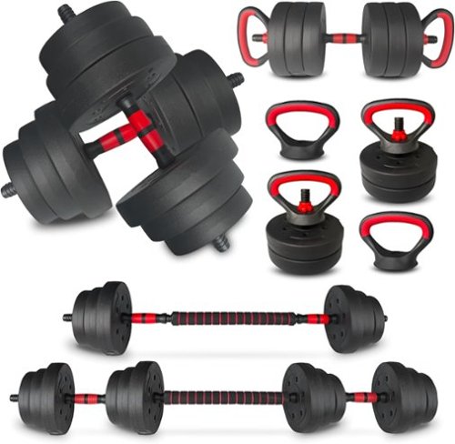 Aukfa - 90LB 4-in-1 Adjustable Dumbbell Set - Converts to Barbell, Kettlebell & Push-Up Stands, Home Gym - Black-Front_Standard 