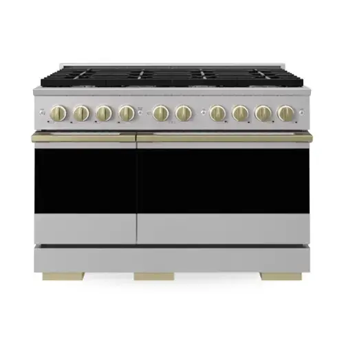 Front. ZLINE - Autograph 48 in. 6.7 cu. ft. Marino Freestanding Double Oven Gas Range with 8 Burners and Bronze Accents - Stainless Steel.