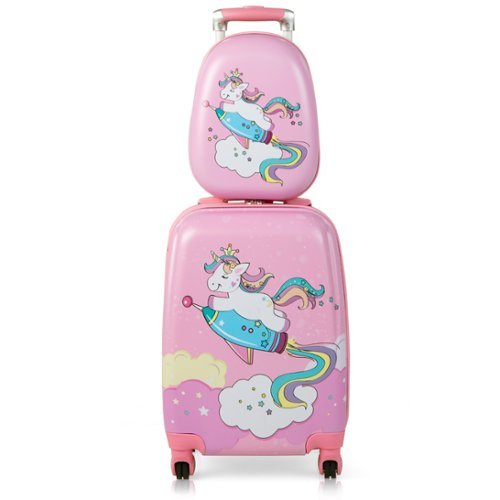 Costway 2PC Kids Carry On Luggage Set 12" Backpack and 18" Rolling Suitcase for Travel - Pink