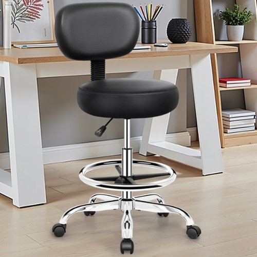 KERDOM - Drafting Chair with Backrest, Adjustable Footrest Rolling Stool PU Leather for Office Studio Lab Counter Salon Bar Shop - Black-Front_Standard 