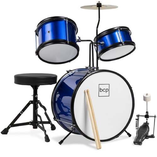 Best Choice Products - Kids Beginner 3-Piece Drum, Musical Instrument Set w/ Sticks, Cushioned Stool, Drum Pedal - Blue-Front_Standard 