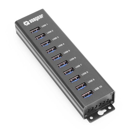 USBGear - 10-Port USB 3.2 Gen 1 Hub - 5Gbps - Charging & Data - Surface & DIN Rail Mountable - Includes Power Adapter - Black-Front_Standard 