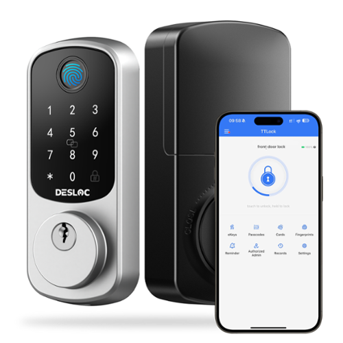 DESLOC - B200 Smart Lock Deadbolt with Fingerprint, Smart Keypad Door Lock with TTLock App for Front Door - Silver-Front_Standard 