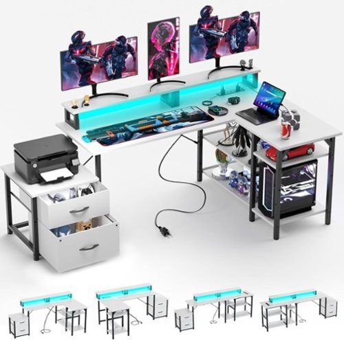 GTPlayer - LED Gaming Desk L-Shaped with Power Outlet Computer Desk - BlackWhite-Front_Standard 