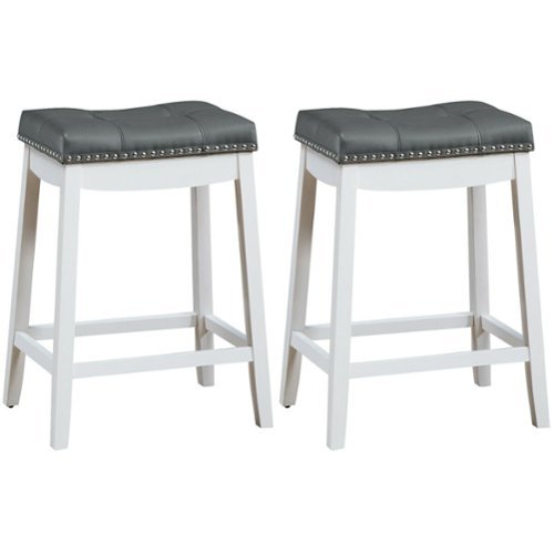 Costway - Set of 2 Nailhead Saddle Bar Stools 24" Counter Stools with Grey Cushion - White-Front_Standard 