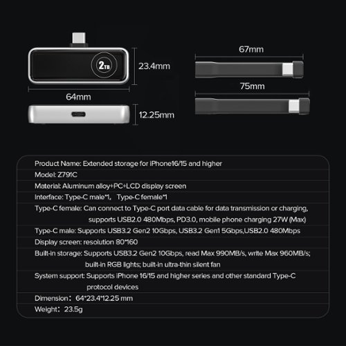 Zike Z791C 2TB USB C Expansion Memory Card, PD3.0, 990 MB/s, LCD