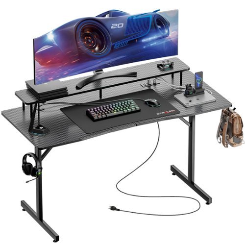 GTPlayer - Gaming Desk 55 in. Ergonomic Carbon Fiber Surface Gaming Table with Monitor Stand,Power Outlet and Mouse Pad - Black