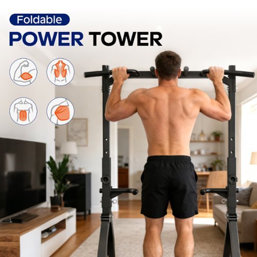 KERDOM - Foldable Pull Up Station Pull Up Bar For Home Gym, Power Tower Strength Training Space Saving Anti Slip, 300lbs Capacity - Black-Front_Standard 