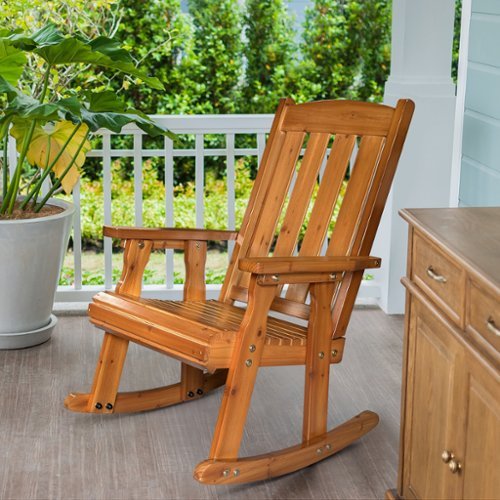 Fortune Candy - Wooden Patio Rocking Chair with Comfortable Backrest and Deep Contoured Seat, for Both Outdoor and Indoor - Teak Tone-Front_Standard 