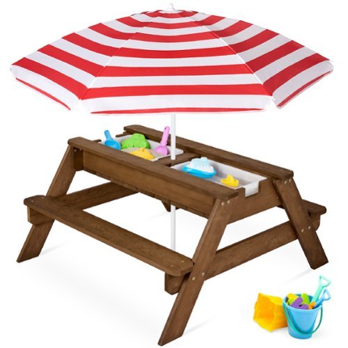 Best Choice Products - Kids 3-in-1 Outdoor Sand and Water Activity Picnic Table with Umbrella - Walnut/Red-Front_Standard 