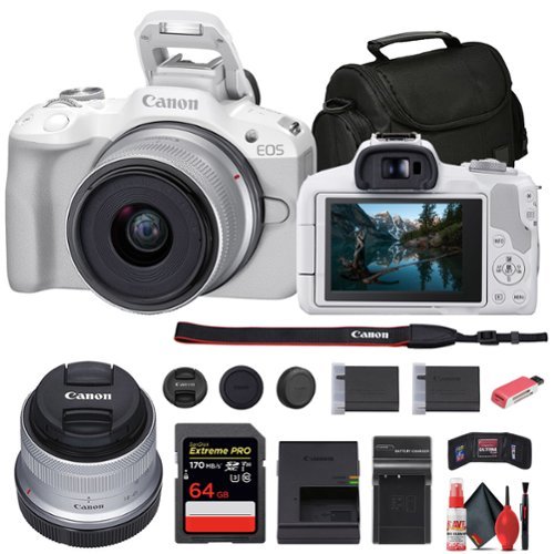 Canon - EOS R50 Mirrorless Camera with 18-45mm Lens + 64GB Card + Bag + More - White-Front_Standard 