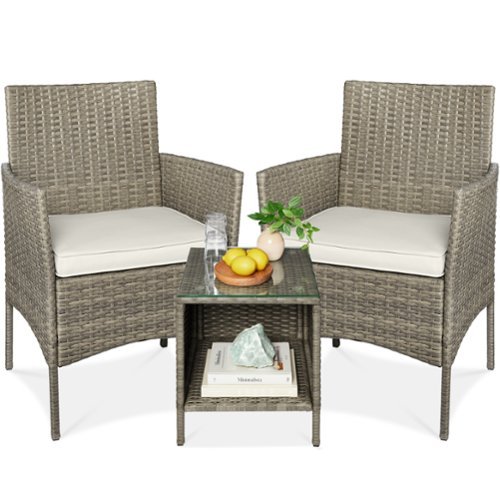 Best Choice Products - 3-Piece Outdoor Wicker Conversation Patio Bistro Set, w/ 2 Chairs, Table - Taupe/White Sand-Front_Standard 